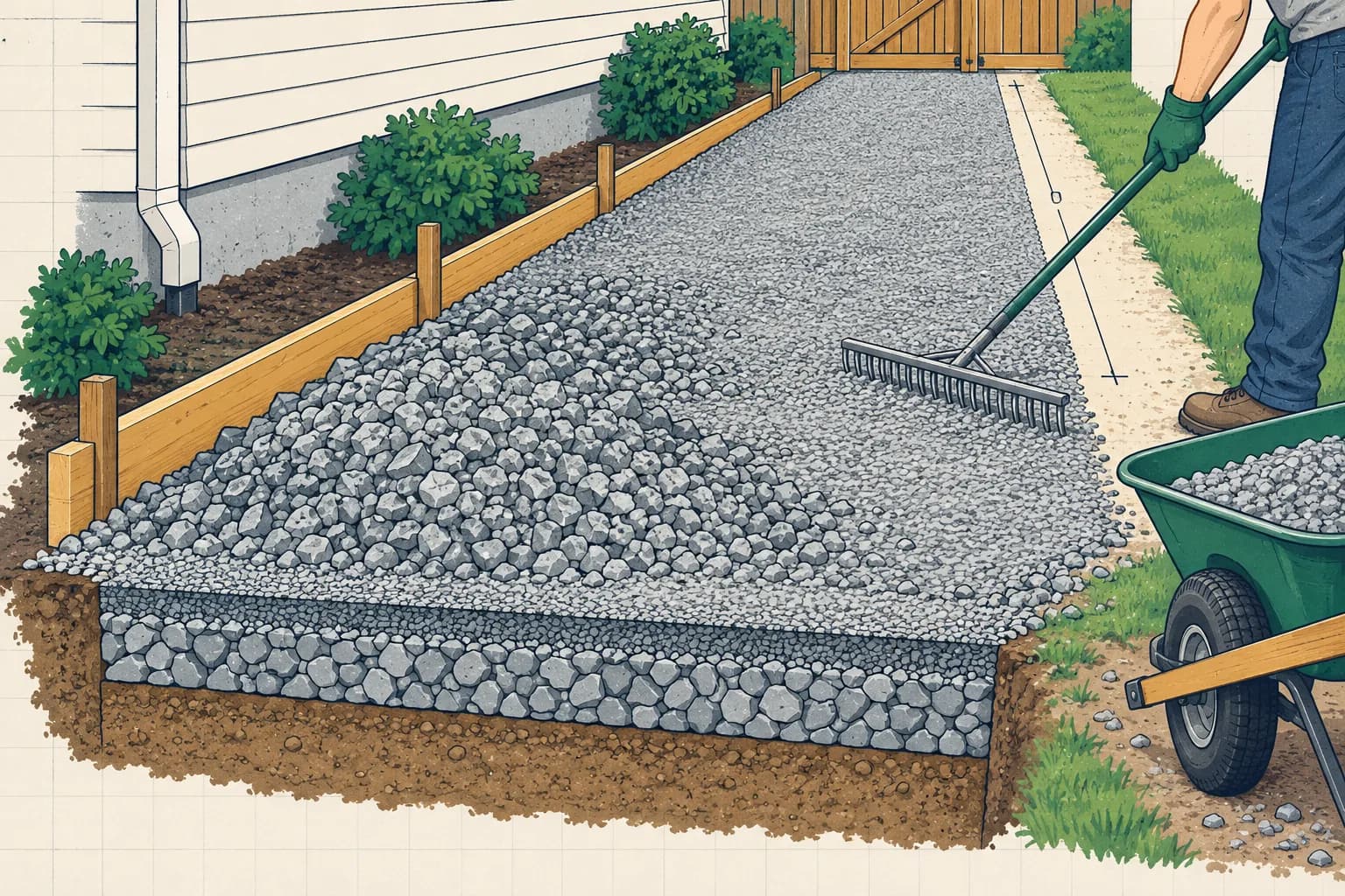 Illustration: a gravel strip beside a house, half raked level and half under a fresh pile of crushed stone, with a cut-away showing the layers beneath