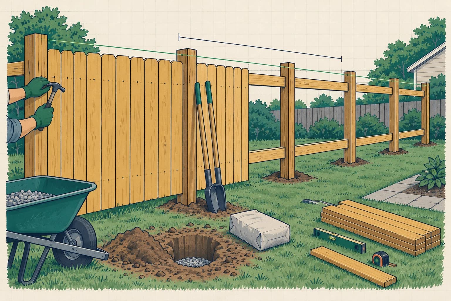 Illustration: a wooden privacy fence under construction, posts set in holes, rails and the first pickets