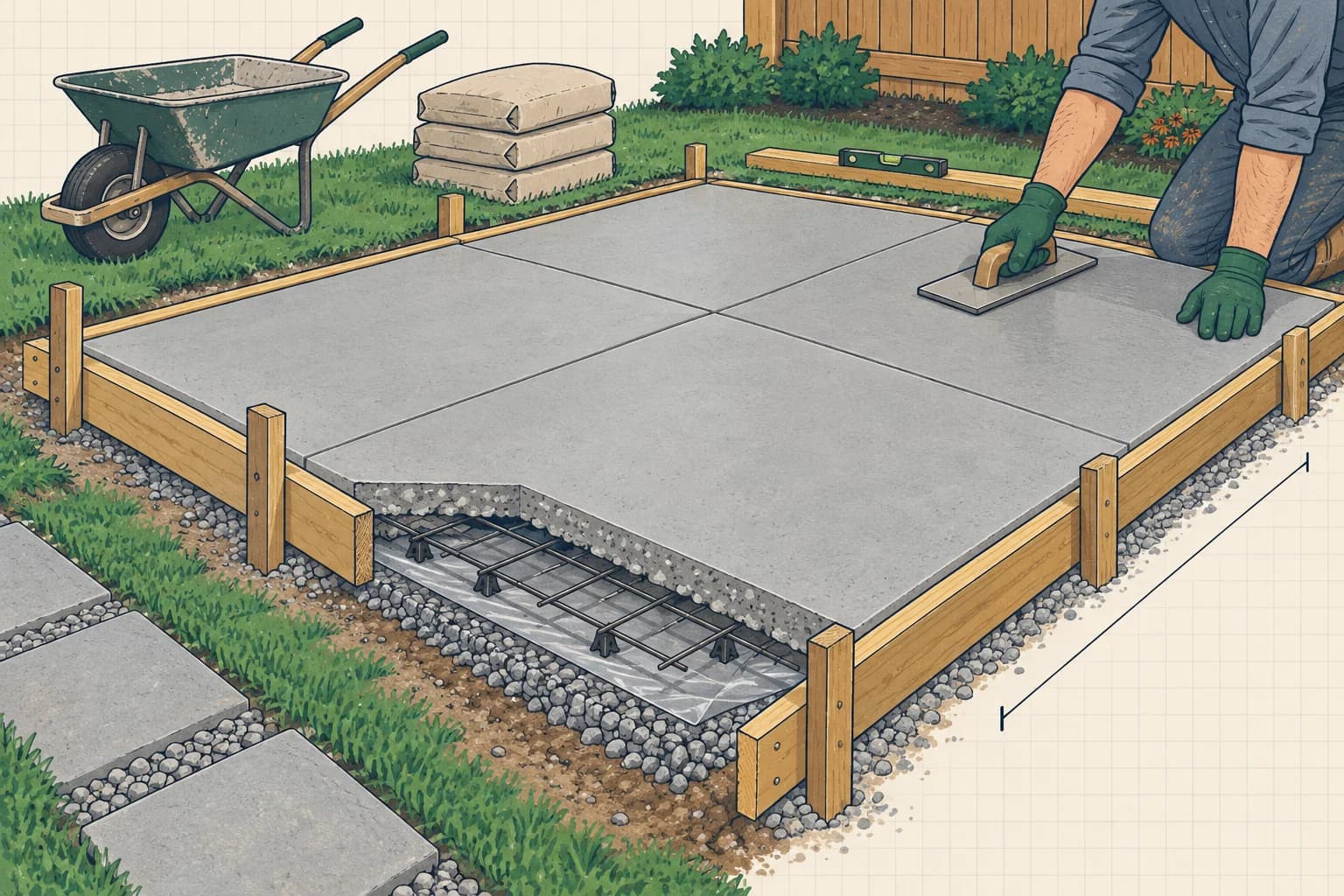 Illustration: a small concrete slab being finished inside wooden forms, with a cut-away showing gravel base, vapor sheet and wire mesh