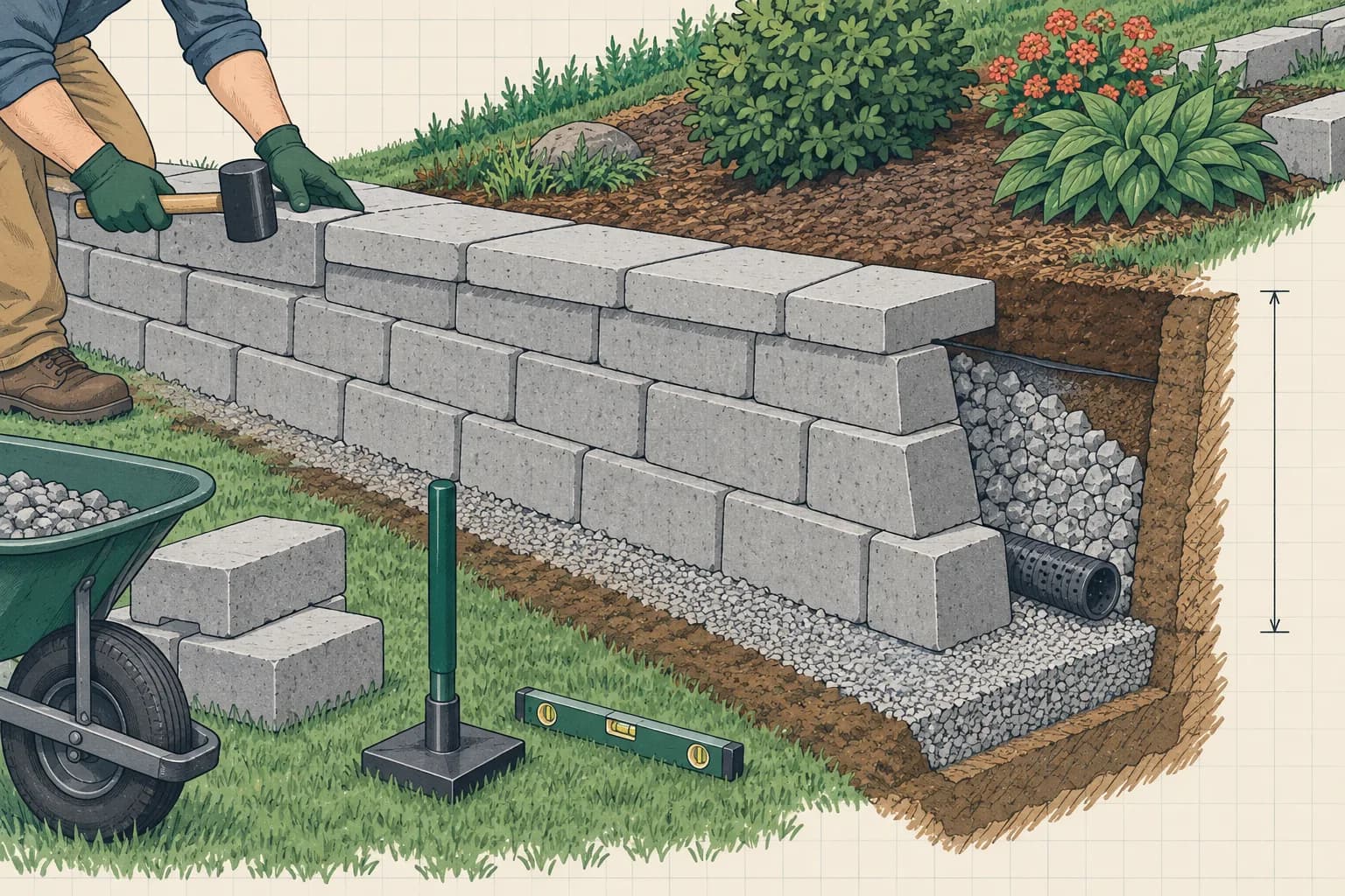 Illustration: a low block retaining wall cut away to show the buried first course, gravel base, drainage stone and drain pipe behind the blocks
