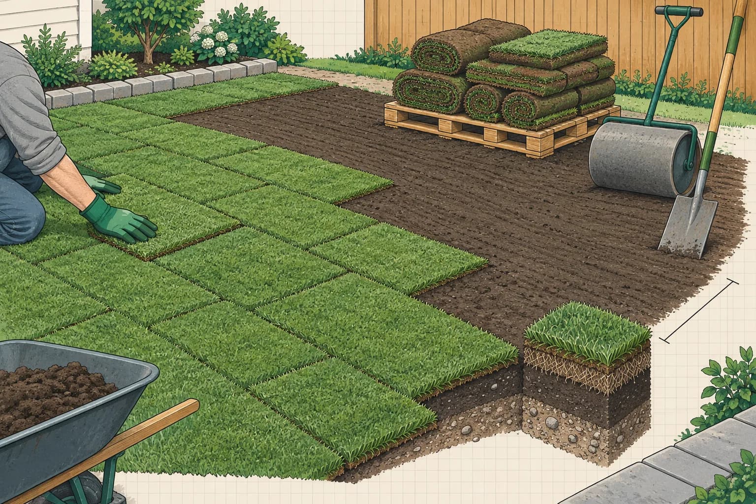 Illustration: sod slabs laid in staggered rows over raked soil beside a pallet of sod, with a cut-away showing grass, topsoil and ground